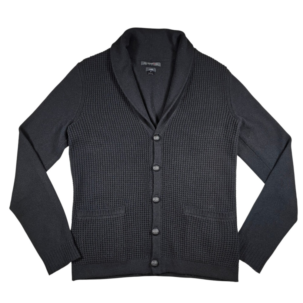 John Varvatos USA Luxe Shawl Wool/Nylon Blend Black Waffle Knit Cardigan Men's M